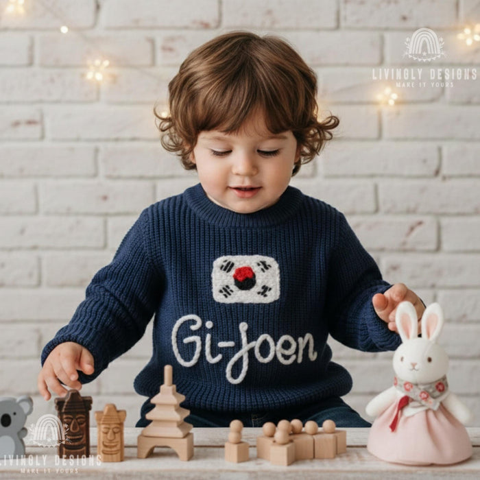 Personalized Name South Korea Flag Knit Baby and Kids Sweater