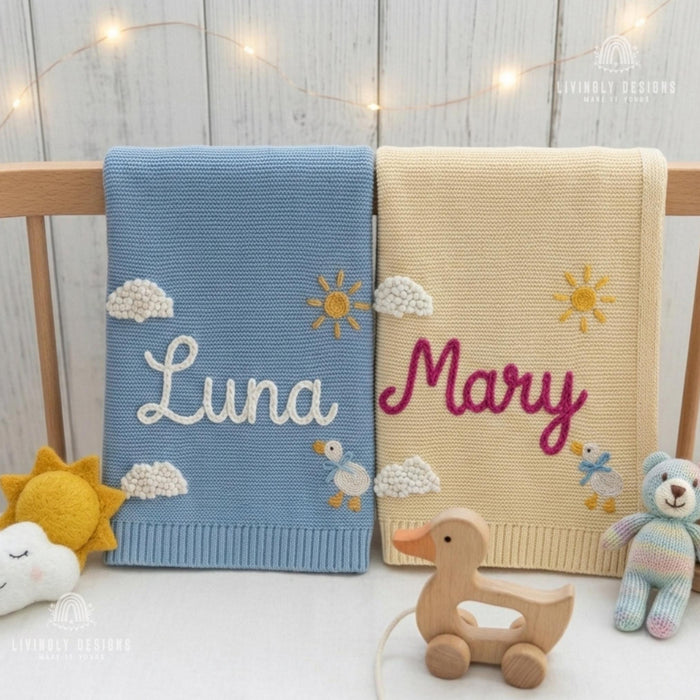 Custom Name Baby Blanket – Knit Blanket with Clouds, Sun, Duck Design