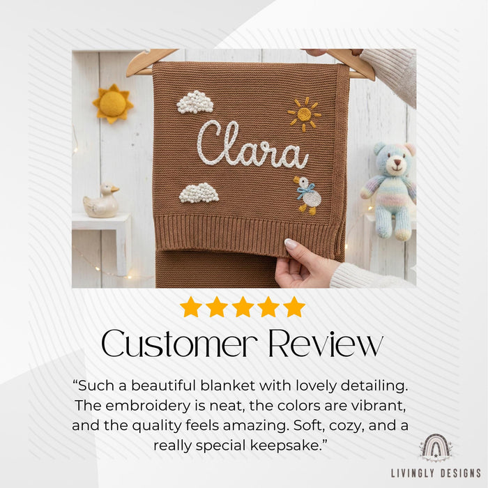 Custom Name Baby Blanket – Knit Blanket with Clouds, Sun, Duck Design
