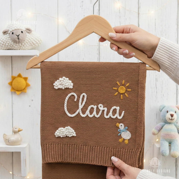 Custom Name Baby Blanket – Knit Blanket with Clouds, Sun, Duck Design