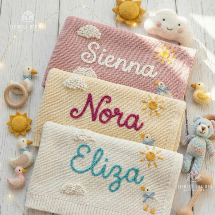 Custom Name Baby Blanket – Knit Blanket with Clouds, Sun, Duck Design