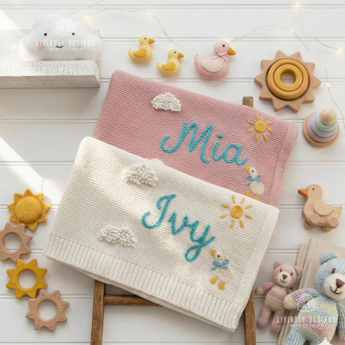 Custom Name Baby Blanket – Knit Blanket with Clouds, Sun, Duck Design
