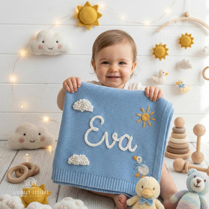 Custom Name Baby Blanket – Knit Blanket with Clouds, Sun, Duck Design