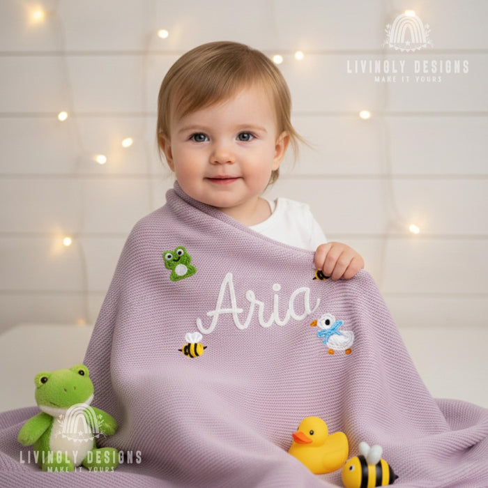 Personalized Baby Blanket with Embroidered Name with Frog & Bee Design