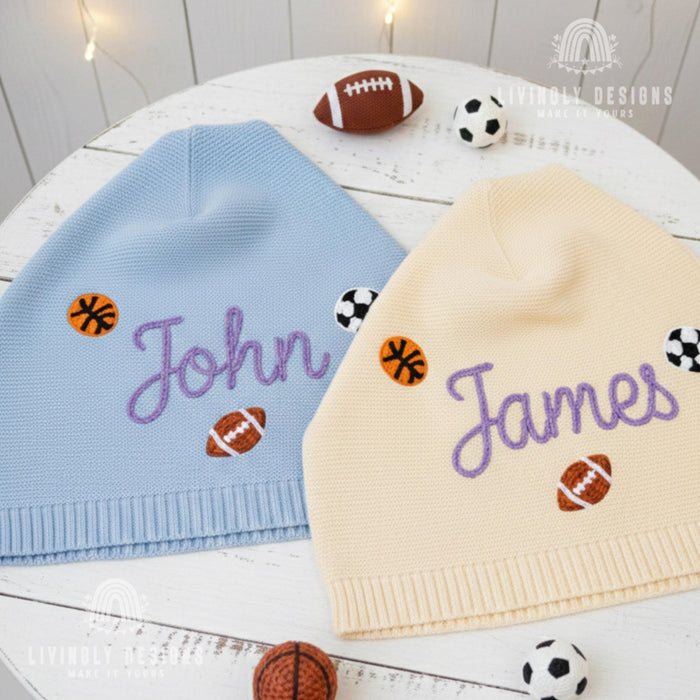 Custom Embroidered Name Knit Blanket with Football, Soccer & Basketball