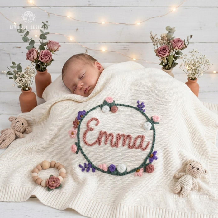 Custom Flower Circle Baby Blanket: Personalized Name Keepsake Gift