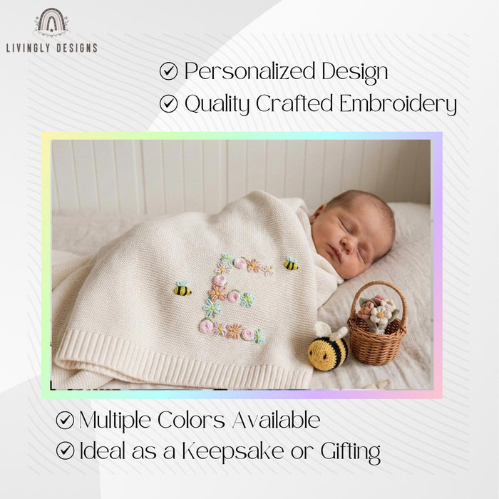 Personalized Initial Baby Blanket with Bee & Flower Embroidered Design
