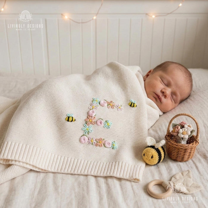 Personalized Initial Baby Blanket with Bee & Flower Embroidered Design