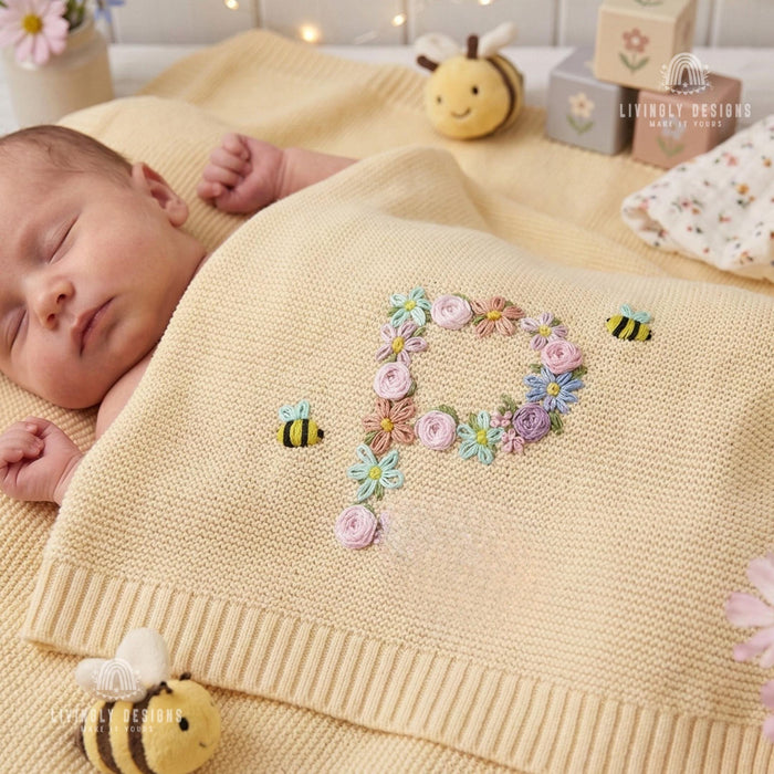 Personalized Initial Baby Blanket with Bee & Flower Embroidered Design
