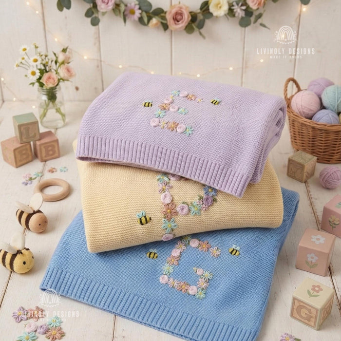 Personalized Initial Baby Blanket with Bee & Flower Embroidered Design