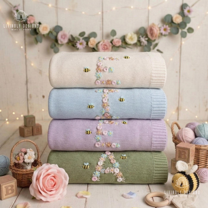 Personalized Initial Baby Blanket with Bee & Flower Embroidered Design