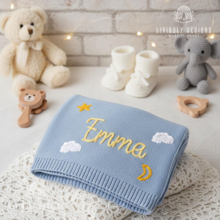 Custom Baby Name Blanket with Cloud, Star & Moon Embroidery