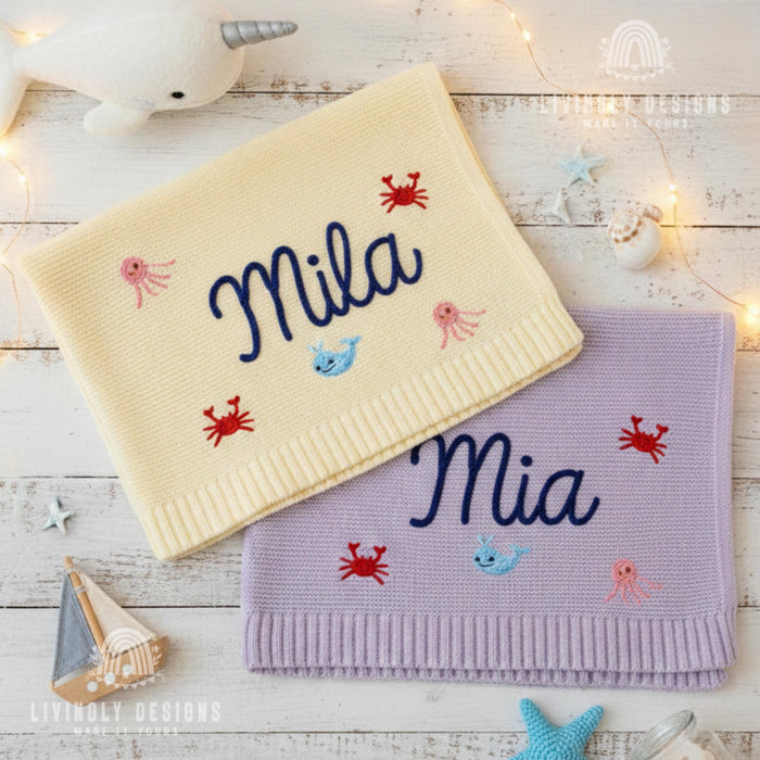 Custom Nautical Baby Name Blanket with Whale & Crab