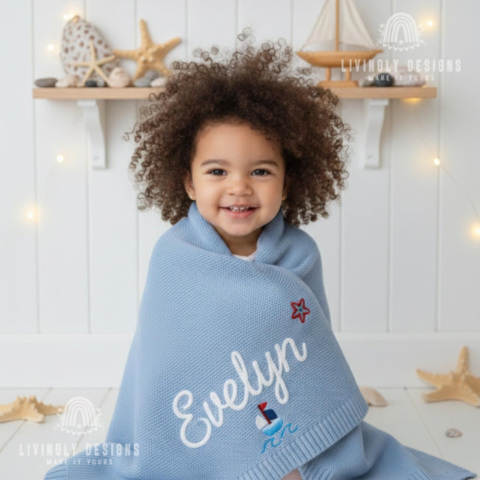 Custom Ocean Baby Name Blanket with Sailboat, Starfish