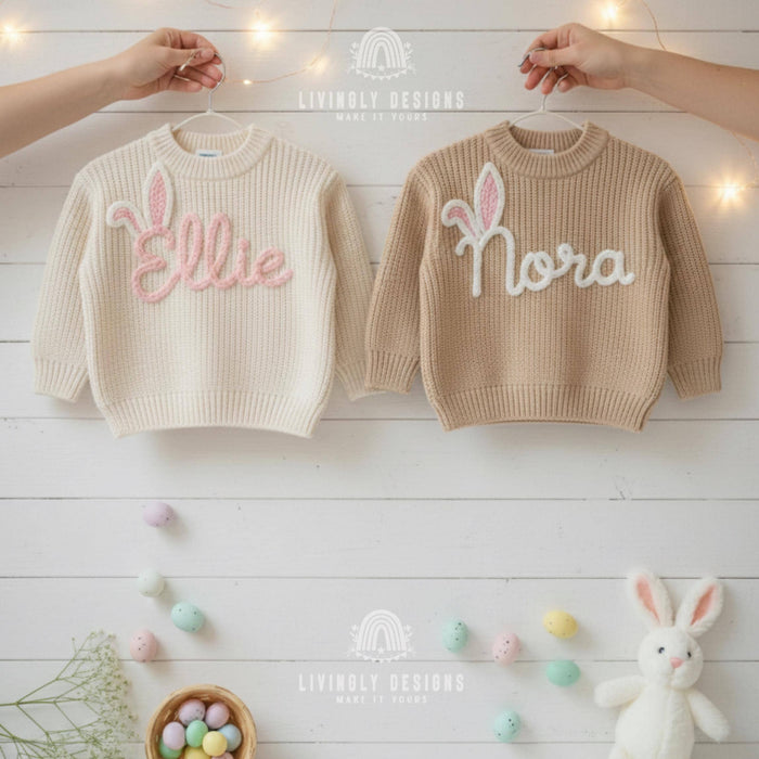 Custom Name Easter Sweater: Baby & Kids Jumper Name with Bunny Ears Keepsake Gift
