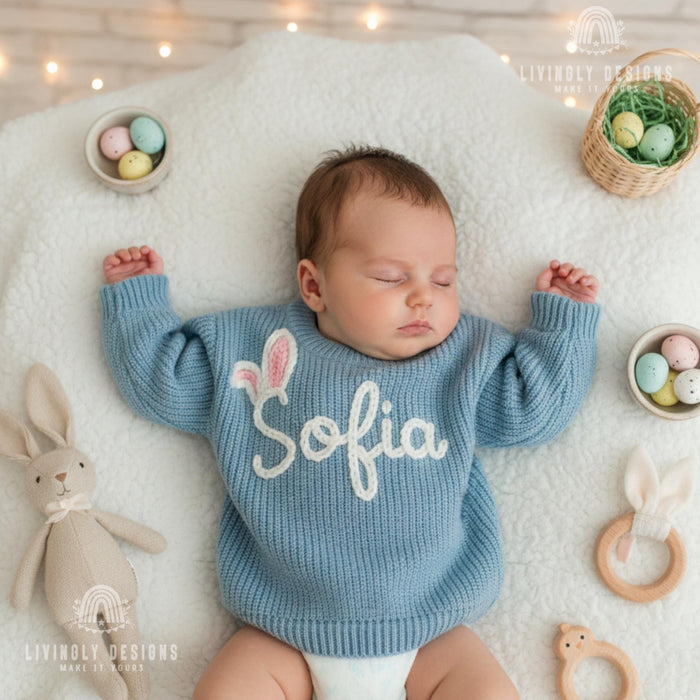 Custom Name Easter Sweater: Baby & Kids Jumper Name with Bunny Ears Keepsake Gift