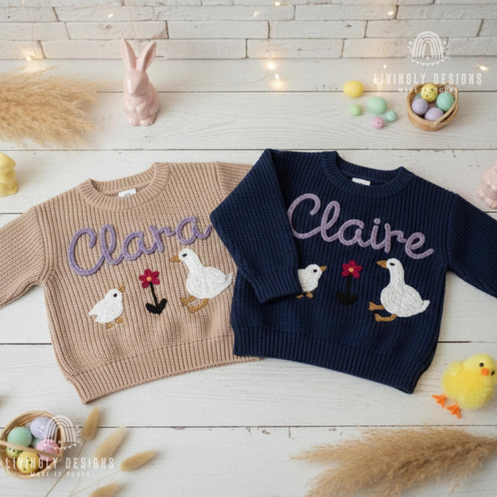 Custom Name Embroidered Duck, Swan, Flower Keepsake Sweater