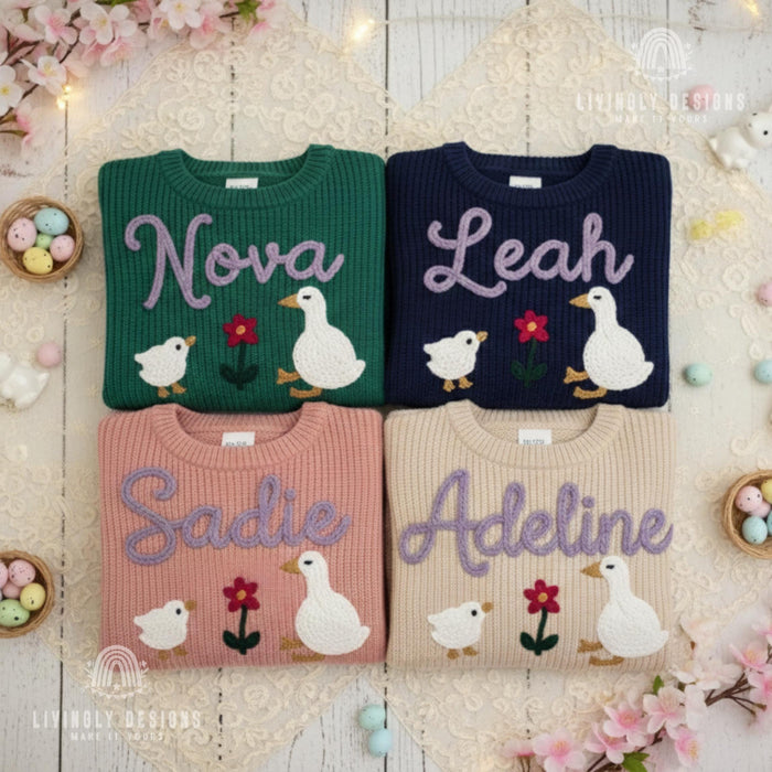 Custom Name Embroidered Duck, Swan, Flower Keepsake Sweater