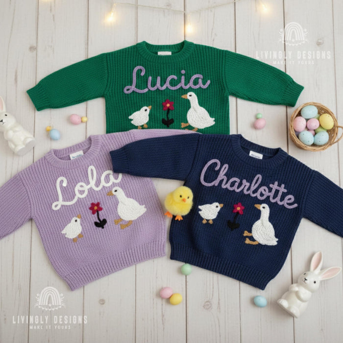 Custom Name Embroidered Duck, Swan, Flower Keepsake Sweater