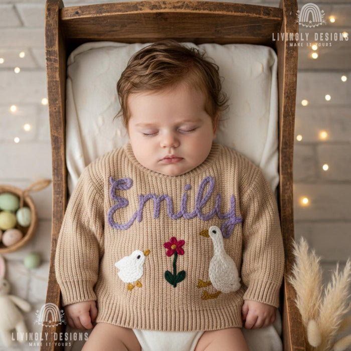 Custom Name Embroidered Duck, Swan, Flower Keepsake Sweater
