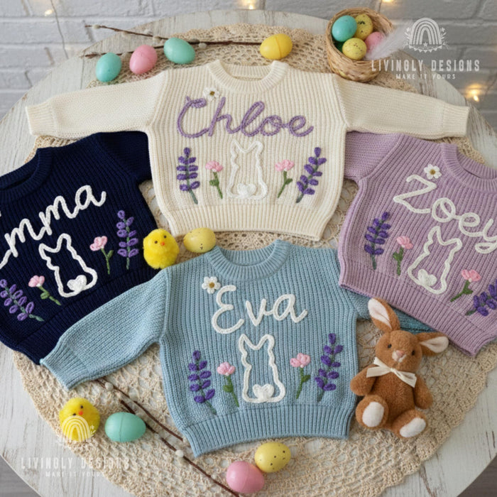 Custom Name Floral Bunny Embroidered Jumper: Easter Keepsake Sweater