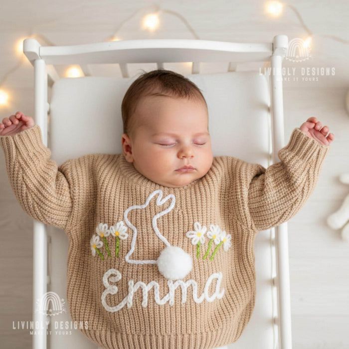 Custom Baby & Kids Jumper with Daisies and Bunny Keepsake Gift  with Name