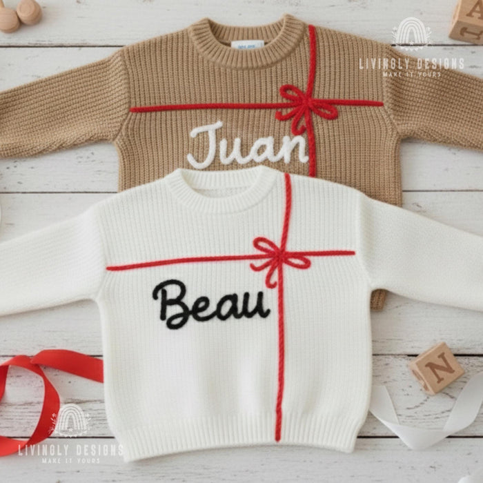 Personalized Baby Knit Sweaterwith Name & Embroidered Ribbon