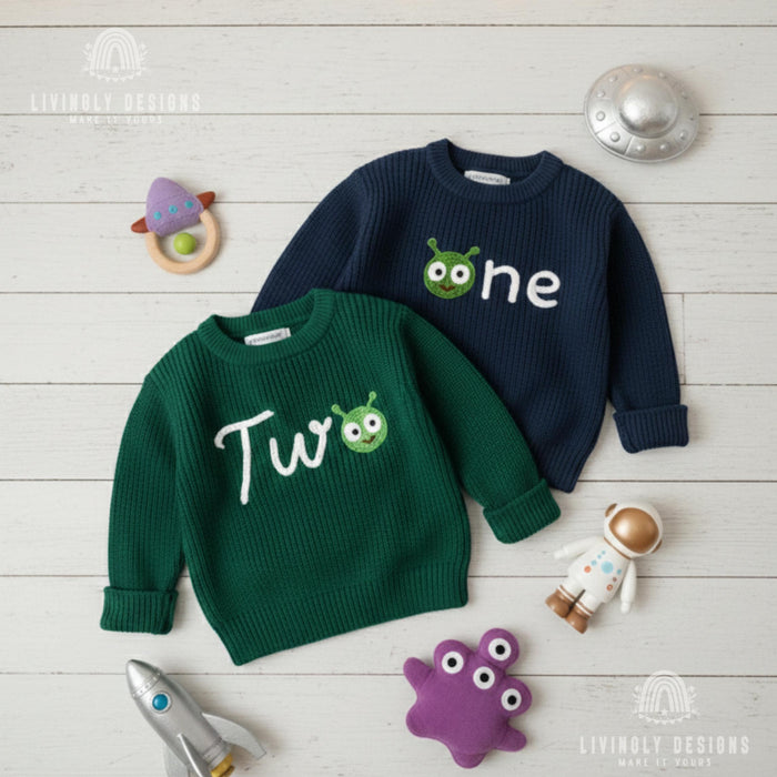 Personalized Number/Age Birthday Knit Sweater with Alien Detail