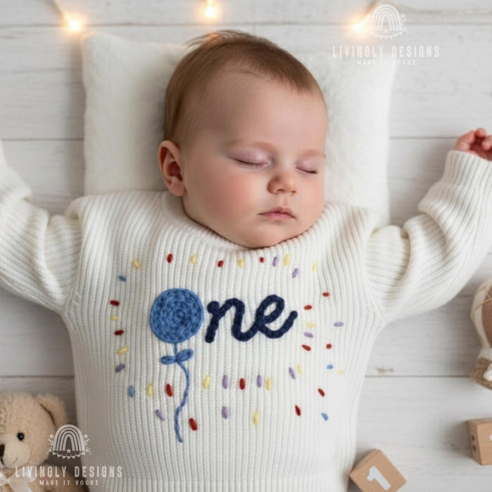 Custom Birthday Knit Sweater with Balloon Celebration Keepsake