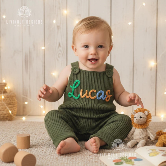 Personalized Knit Baby Overalls: Custom Name Romper