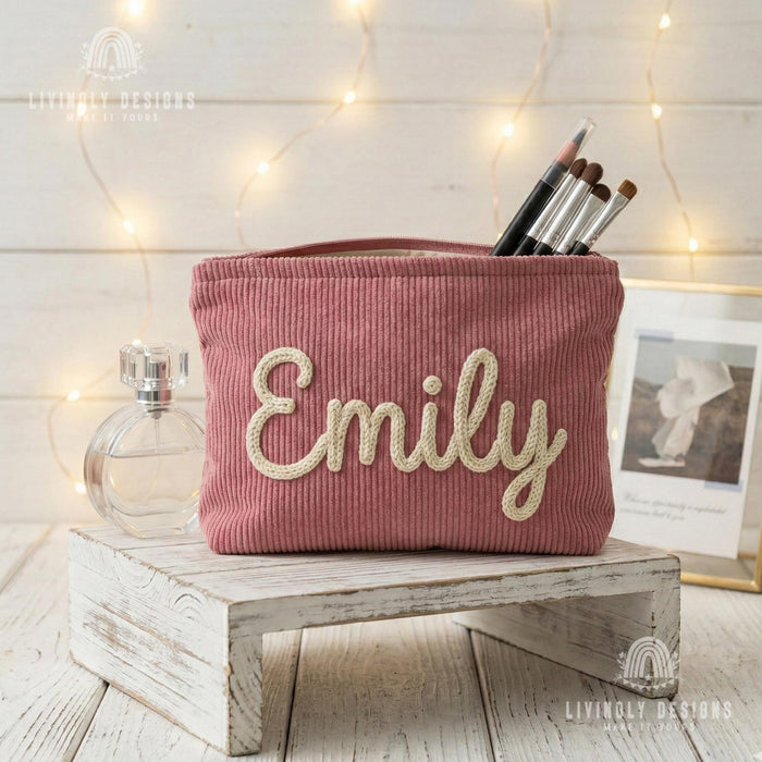 Personalized Corduroy Makeup Bag: Custom Name Cosmetic Pouch
