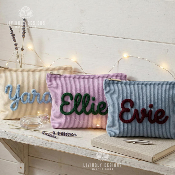 Personalized Corduroy Makeup Bag: Custom Name Cosmetic Pouch
