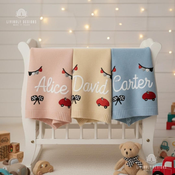 Custom Name Blanket: Personalized Racing Car Knit Baby Blanket Keepsake