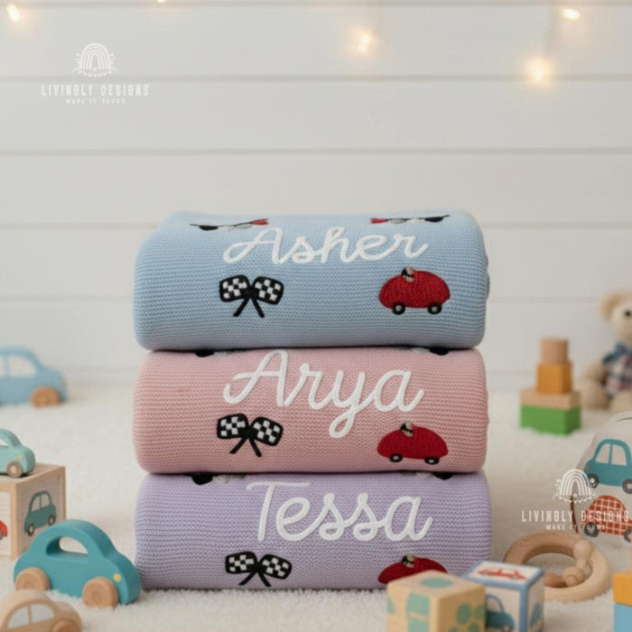 Custom Name Blanket: Personalized Racing Car Knit Baby Blanket Keepsake