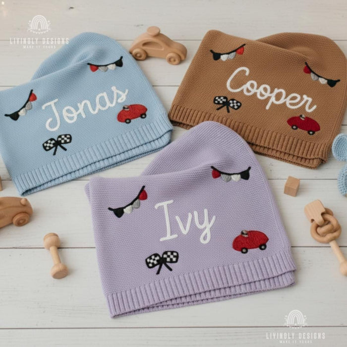 Custom Name Blanket: Personalized Racing Car Knit Baby Blanket Keepsake