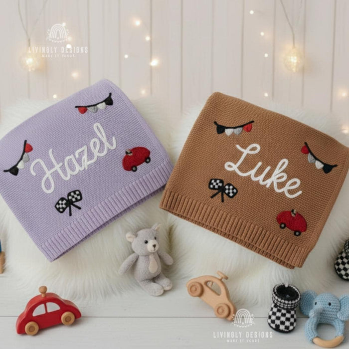 Custom Name Blanket: Personalized Racing Car Knit Baby Blanket Keepsake