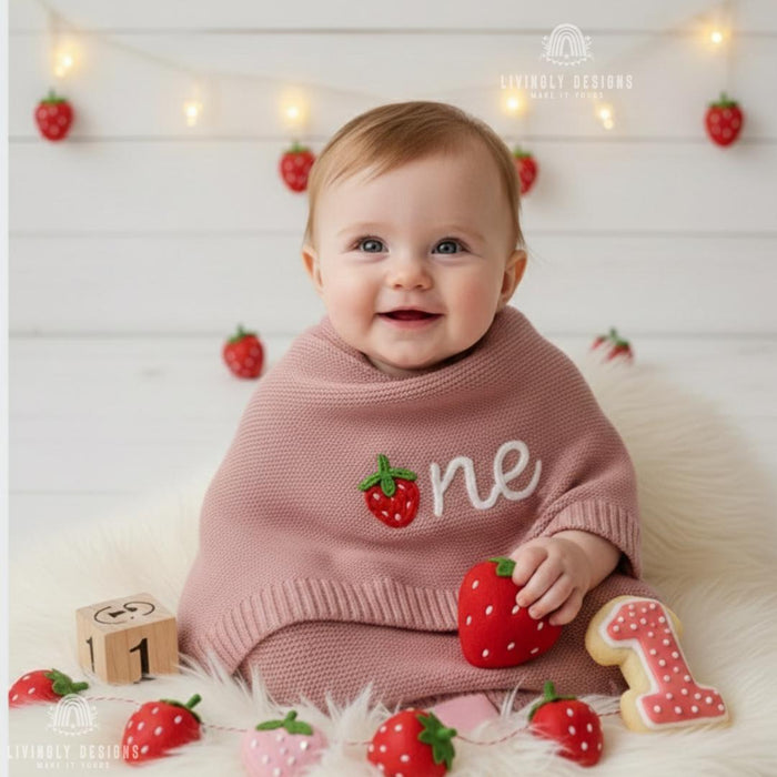 Personalized Strawberry Knit Baby Blanket: Custom Name First Birthday