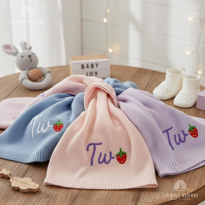 Personalized Strawberry Knit Baby Blanket: Custom Name First Birthday