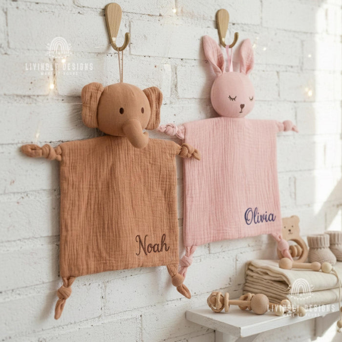 Custom Name Muslin Security Blanket: Embroidered Baby Comfort Toy