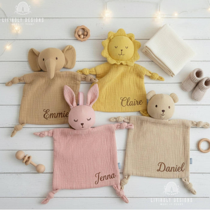 Custom Name Muslin Security Blanket: Embroidered Baby Comfort Toy