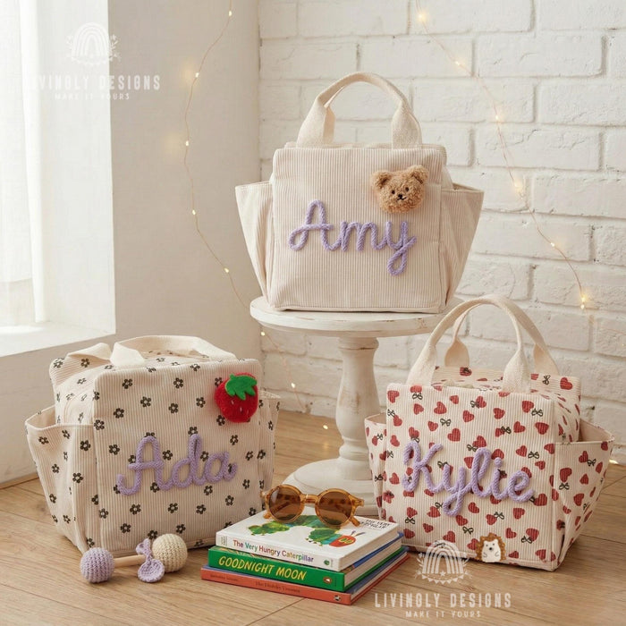 Personalized Corduroy Tote: Heart Print Kids Lunch Bag