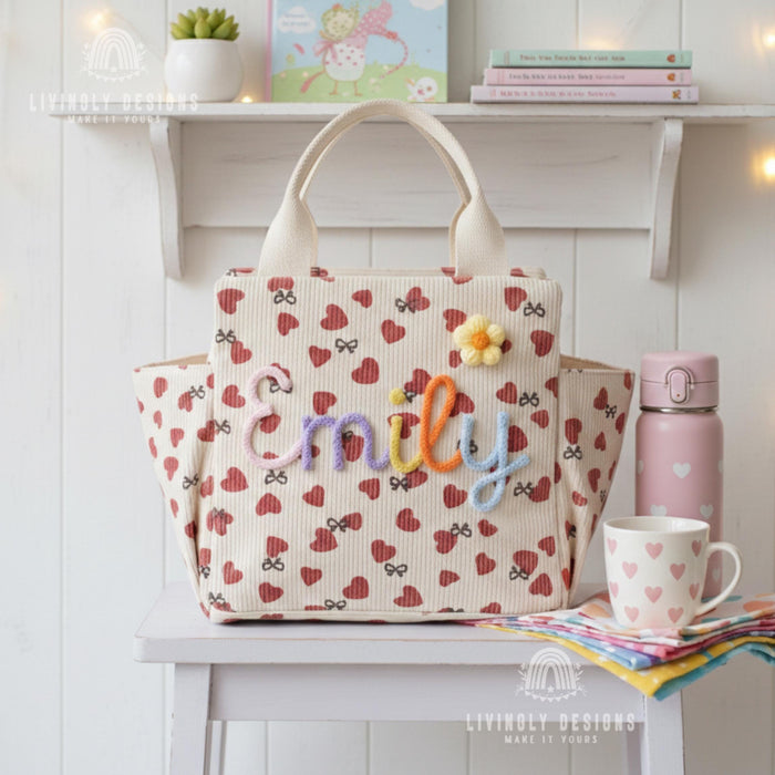 Personalized Corduroy Tote: Heart Print Kids Lunch Bag