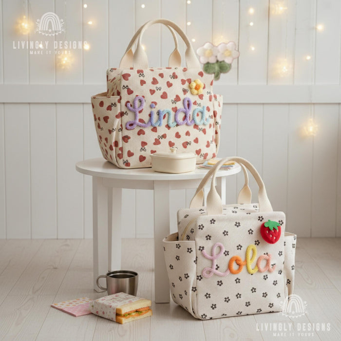 Personalized Corduroy Tote: Heart Print Kids Lunch Bag