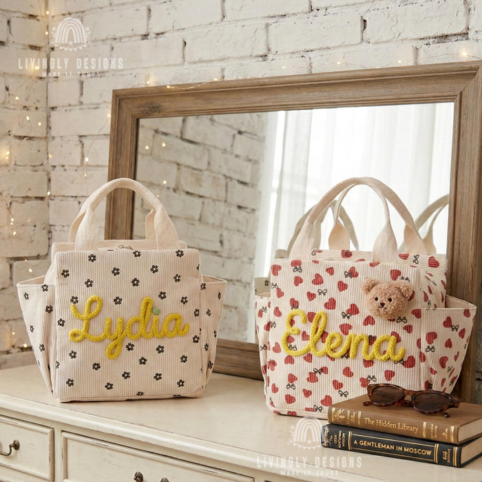 Personalized Corduroy Tote: Heart Print Kids Lunch Bag