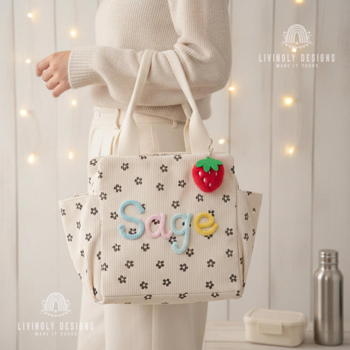 Personalized Corduroy Tote: Heart Print Kids Lunch Bag