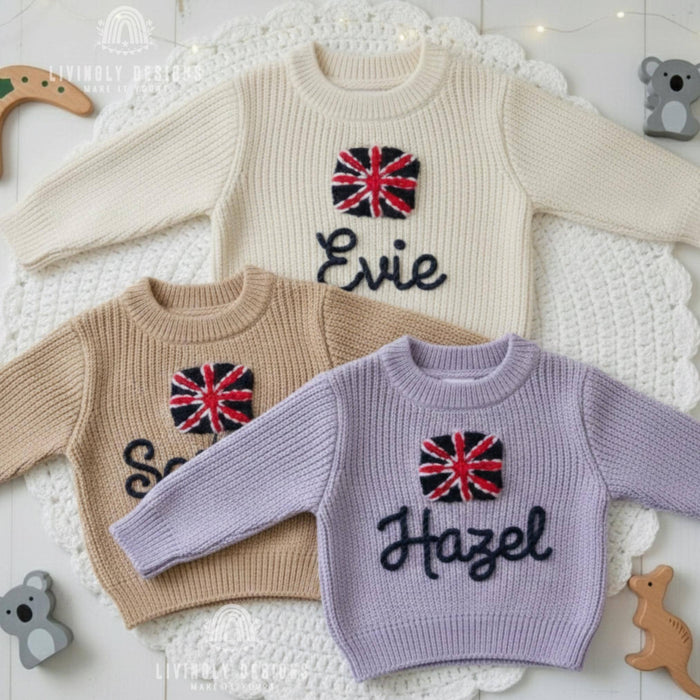 Personalized Name United Kingdom Flag Knit Baby and Kids Sweater