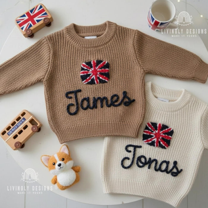 Personalized Name United Kingdom Flag Knit Baby and Kids Sweater
