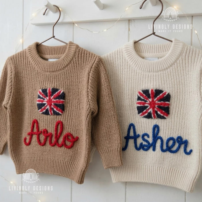 Personalized Name United Kingdom Flag Knit Baby and Kids Sweater