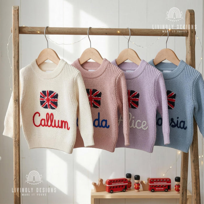 Personalized Name United Kingdom Flag Knit Baby and Kids Sweater