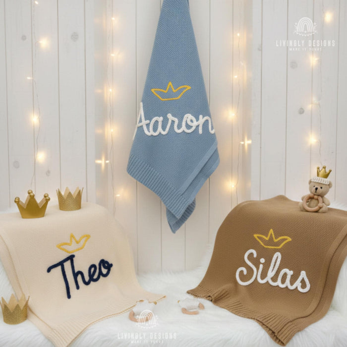 Custom Crown Knit Baby Blanket: Personalized Embroidered Name Nursery Keepsake